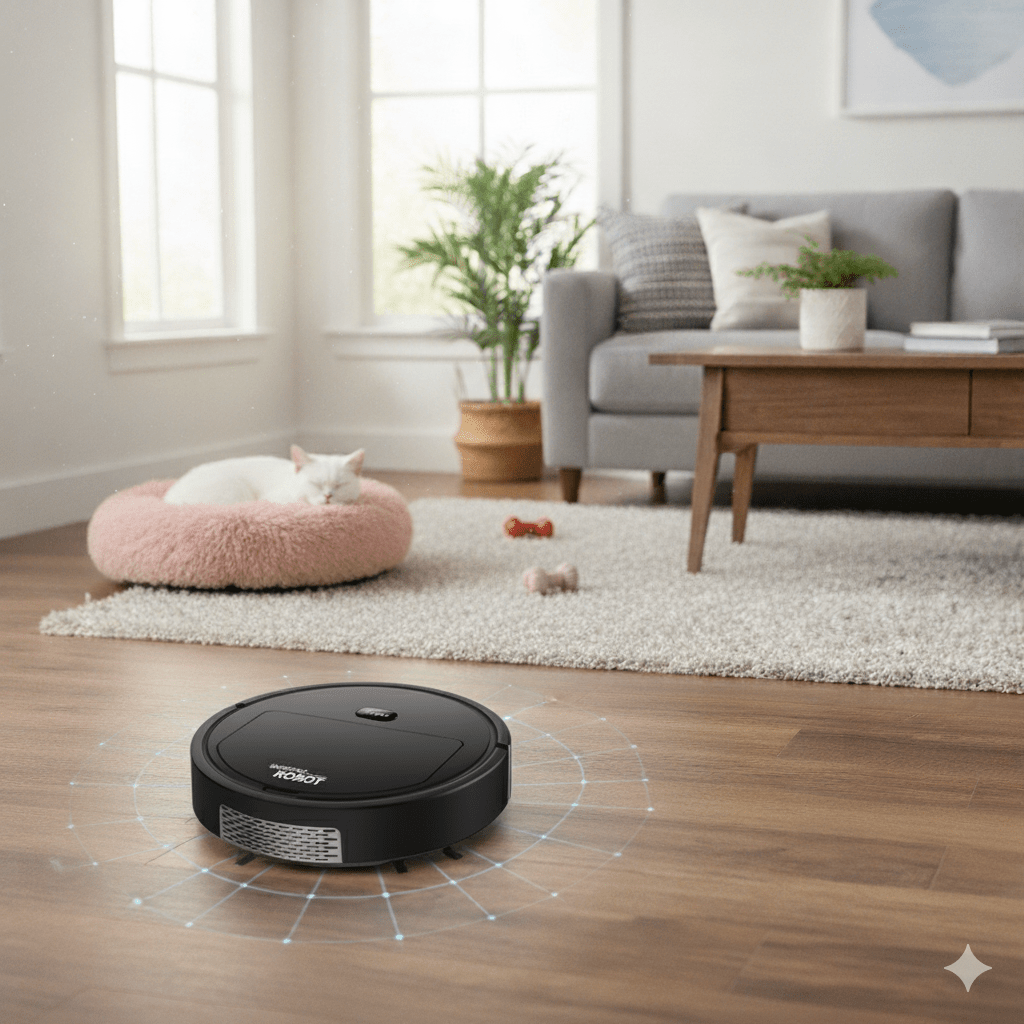 Le robot aspirateur intelligent ultra-silencieux retournant à sa base de chargement après le nettoyage de la maison.