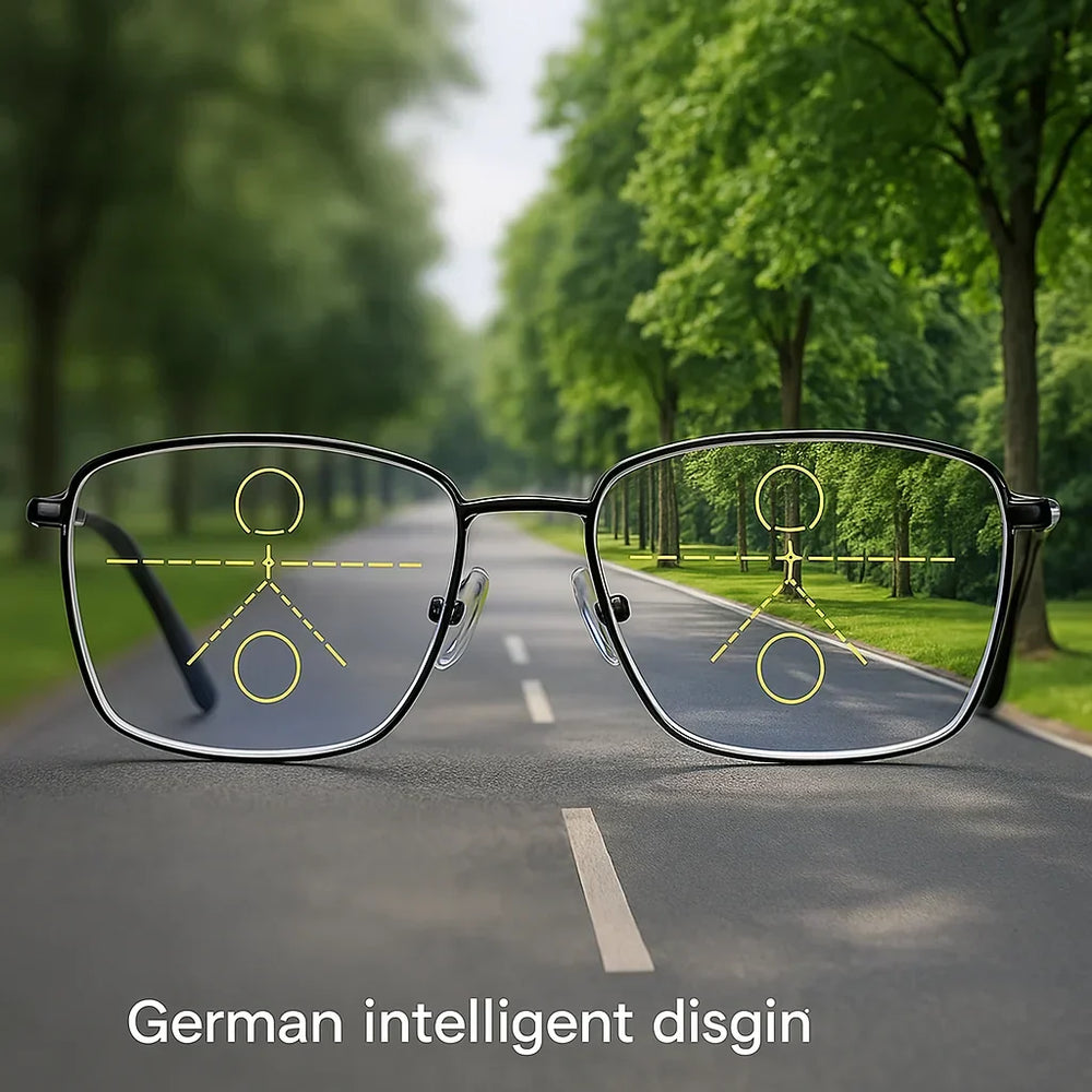 Lunettes multifocales anti lumière bleue et UV, monture moderne pour vision nette lecture/distance.