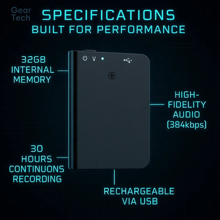 Enregistreur audio HD longue autonomie, activation vocale sensible, ultra-discret, portable.
