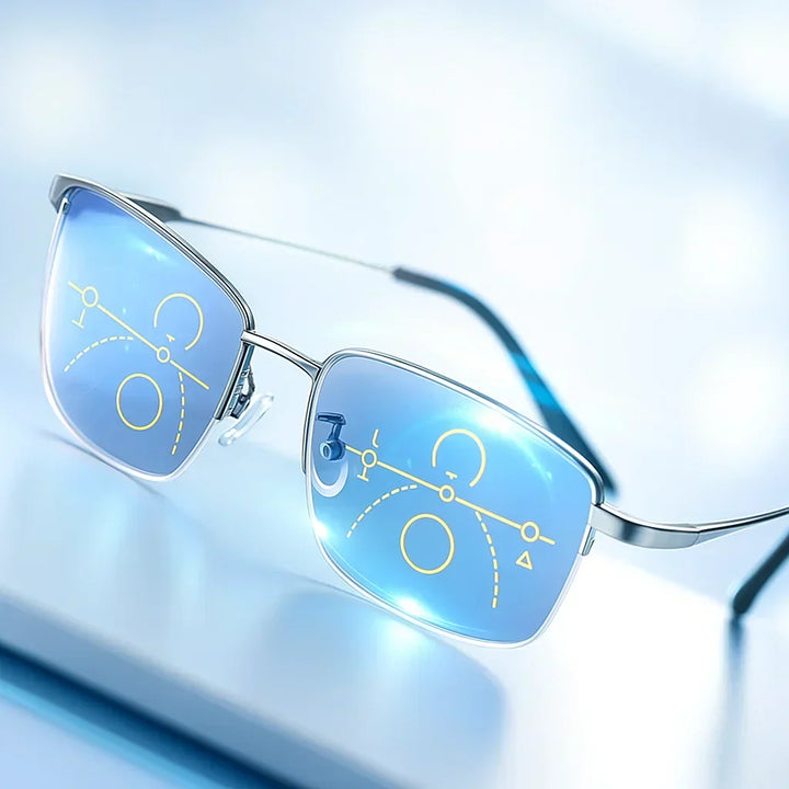 Lunettes progressives élégantes avec verres anti-lumière bleue et UV, pour une vision polyvalente.