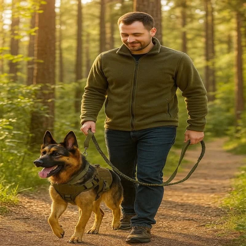 Harnais tactique robuste pour chien, réglable et respirant, idéal entraînement et sécurité.