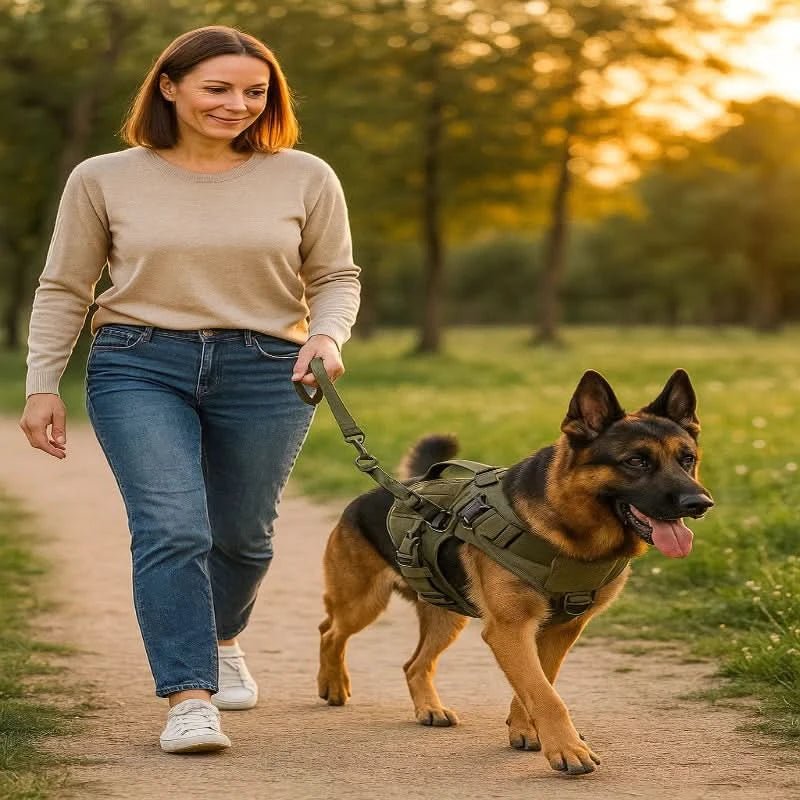 Harnais tactique anti-traction pour chien, contrôle optimal et sécurisé en toutes sorties.