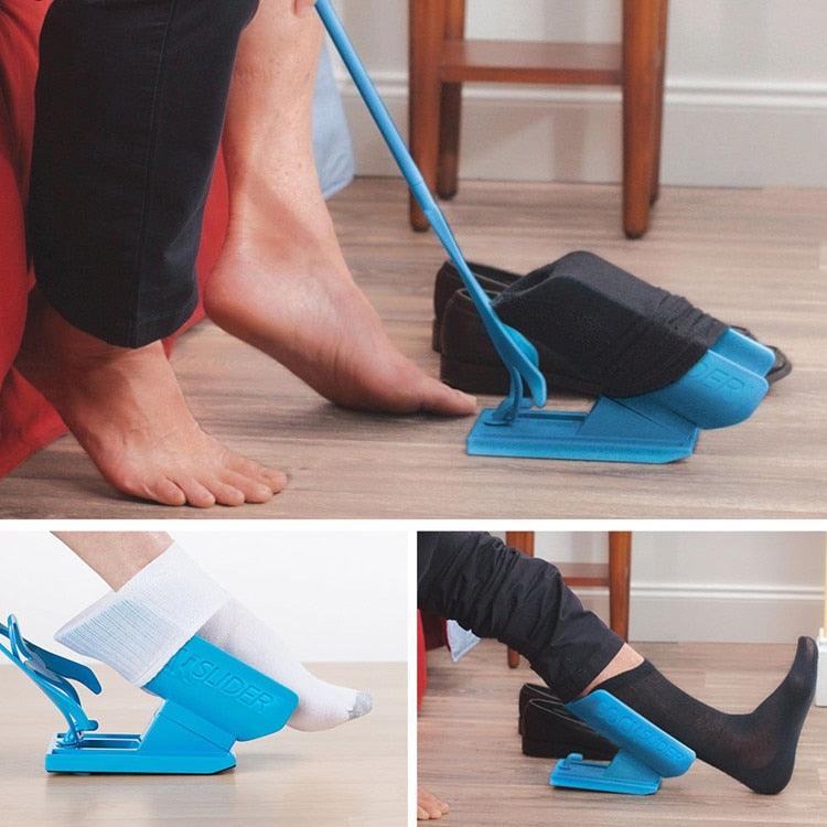 Outil innovant pour enfiler facilement des chaussettes sans se pencher, améliorant confort et autonomie.