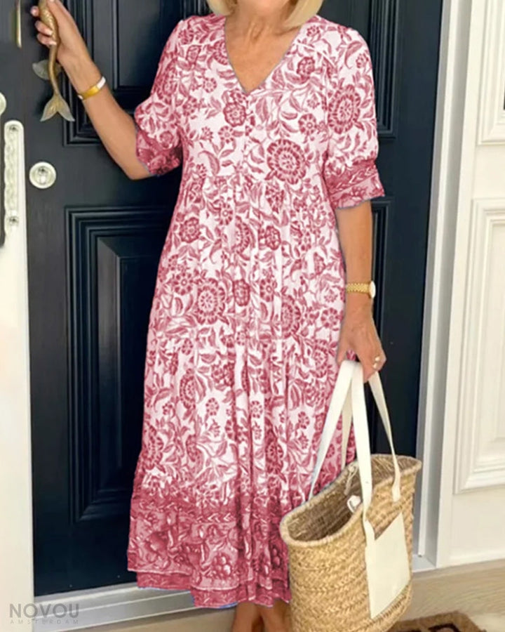 Élégante robe fleurie en coton pour femmes, col V, idéale pour les journées de printemps, été et automne.