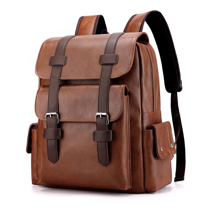 Vue latérale d'un sac à dos voyage homme en cuir PU, offrant style et fonctionnalité pour les excursions.