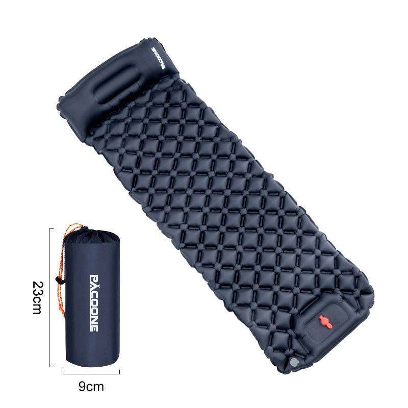 Matelas de camping léger avec pompe intégrée pour une installation rapide et un sommeil confortable en extérieur.