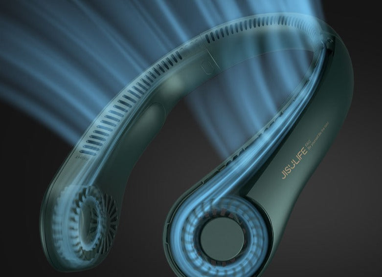 Ventilateur mains libres silencieux, sans pales, offre un rafraîchissement discret. Idéal pour bureau ou activités calmes.
