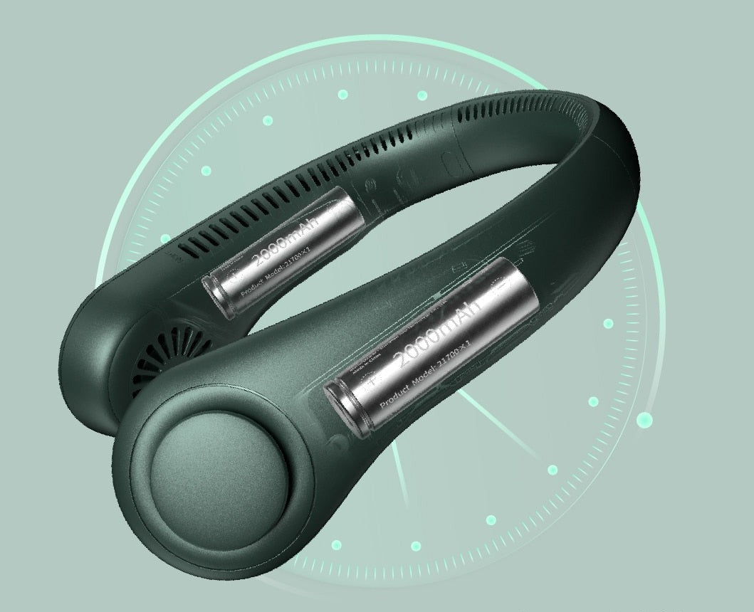 Ventilateur portable 360° mains libres. Technologie sans pales pour un refroidissement sûr et continu, parfait en été.