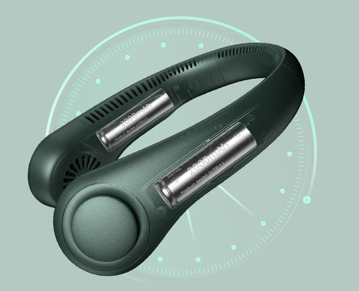 Ventilateur portable 360° mains libres. Technologie sans pales pour un refroidissement sûr et continu, parfait en été.