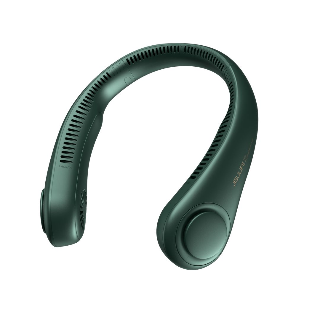Ventilateur portable rechargeable USB-C 360°, parfait pour voyager. Léger, sans pales, assure un flux d'air continu.