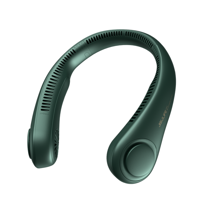 Ventilateur portable rechargeable USB-C 360°, parfait pour voyager. Léger, sans pales, assure un flux d'air continu.