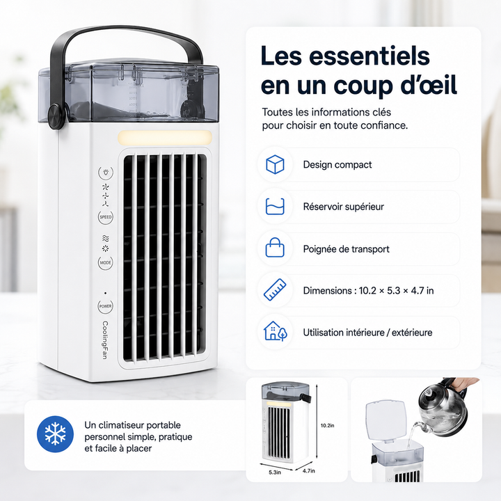 Rafraîchisseur d'air personnel efficace pour bureau ou chevet, apporte une brise fraîche instantanée.