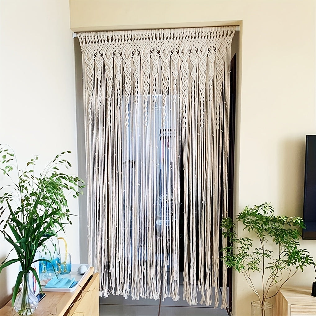Grand rideau en macramé bohème, fait main, parfait comme tenture murale ou séparation pour une ambiance zen.
