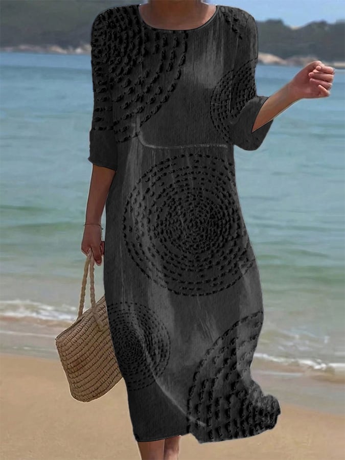Robe midi femme décontractée d'été en coton lin fluide, motif texturé. Manches 3/4, style chic et confortable.