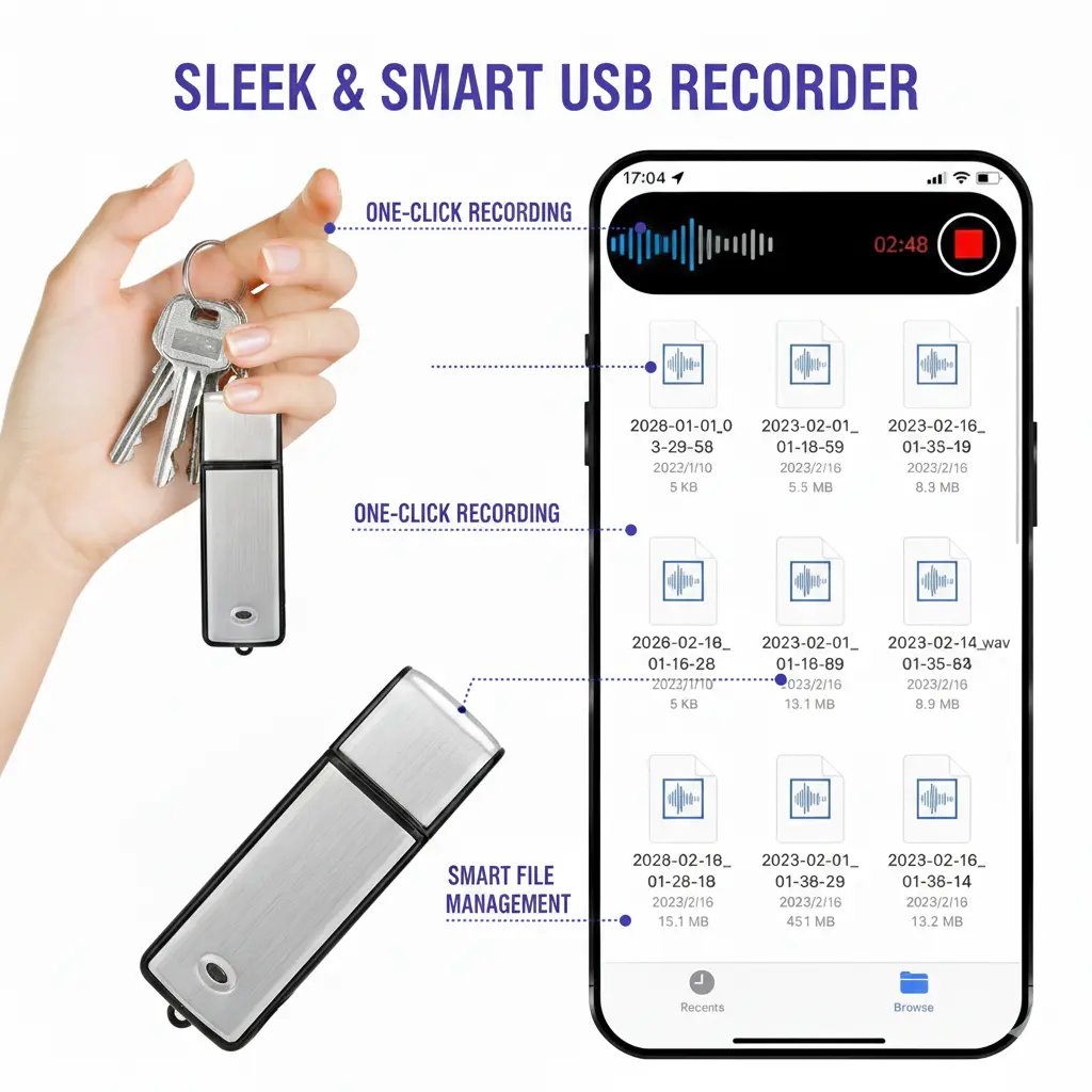 Petit enregistreur audio USB pour réunions professionnelles, garantissant des notes complètes et discrètes.