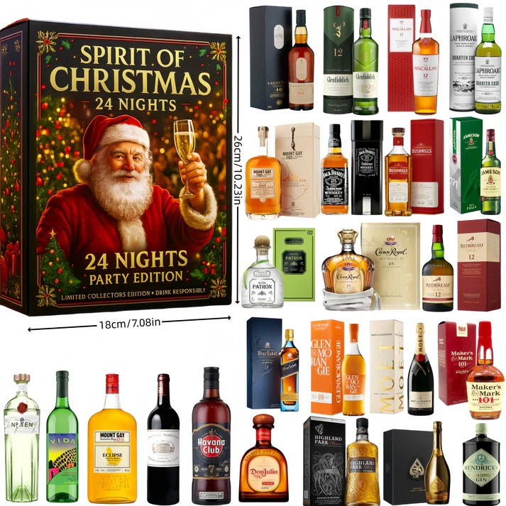 Calendrier de l'Avent whisky 2025 ouvert, révélant ses spiritueux. Un cadeau parfait pour les fêtes de Noël.