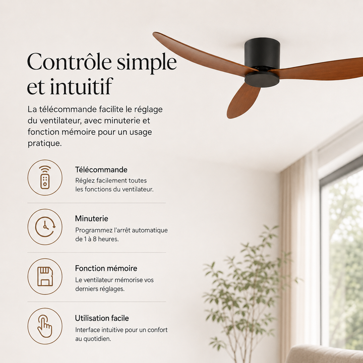 Ventilateur de plafond moderne Virellona avec télécommande, améliorant le design intérieur.