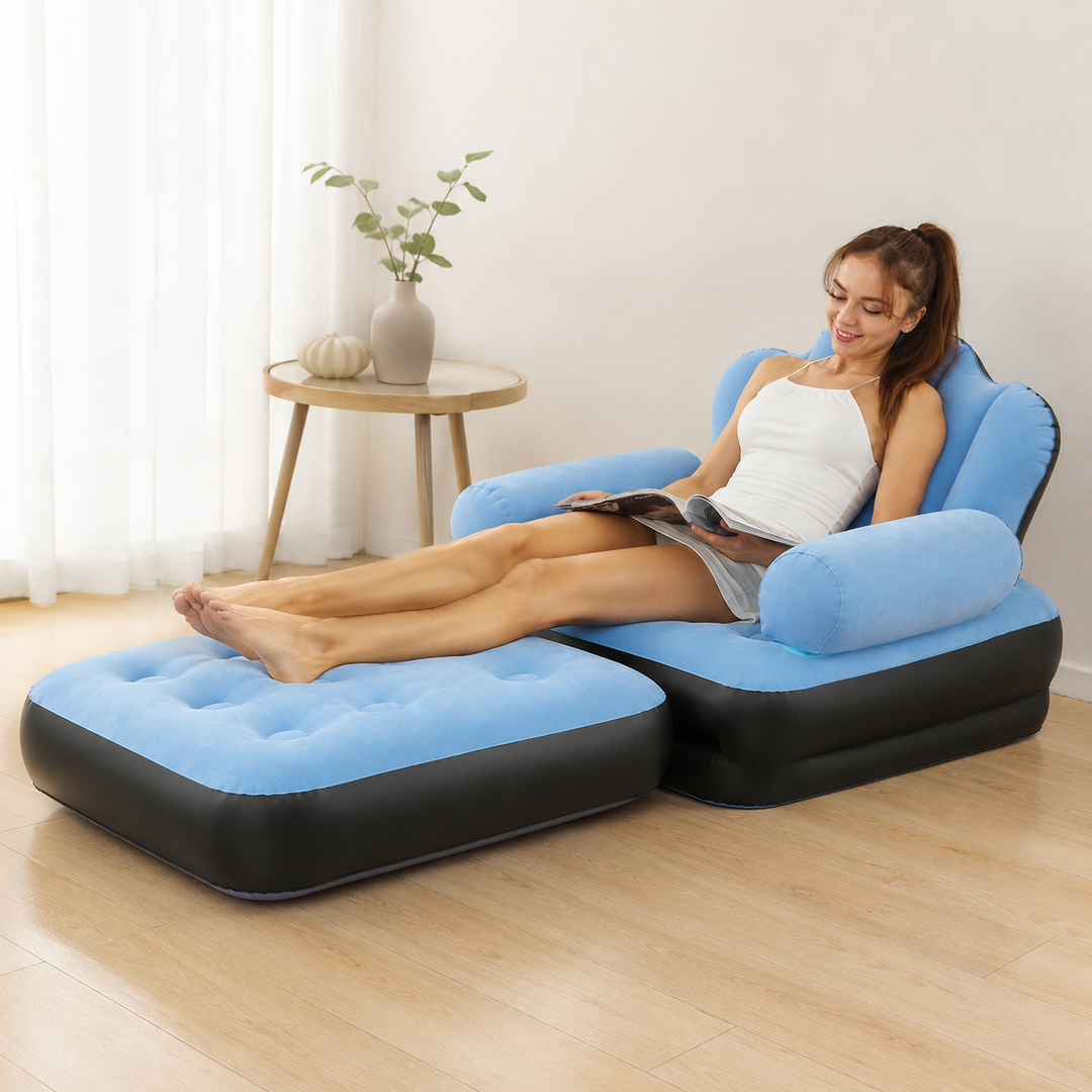 Fauteuil SofaMate gonflable gris, idéal pour le salon, la terrasse, ou le camping.