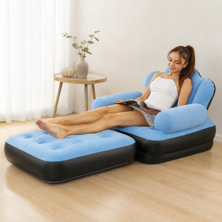 Fauteuil SofaMate gonflable gris, idéal pour le salon, la terrasse, ou le camping.