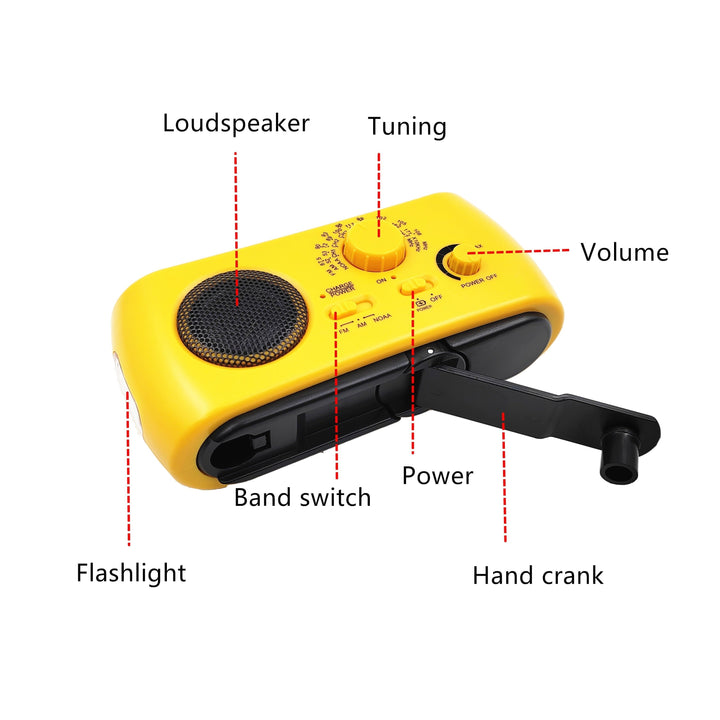 Radio d'urgence à manivelle AM/FM pour recharger téléphones, idéale en cas de panne de courant ou camping.