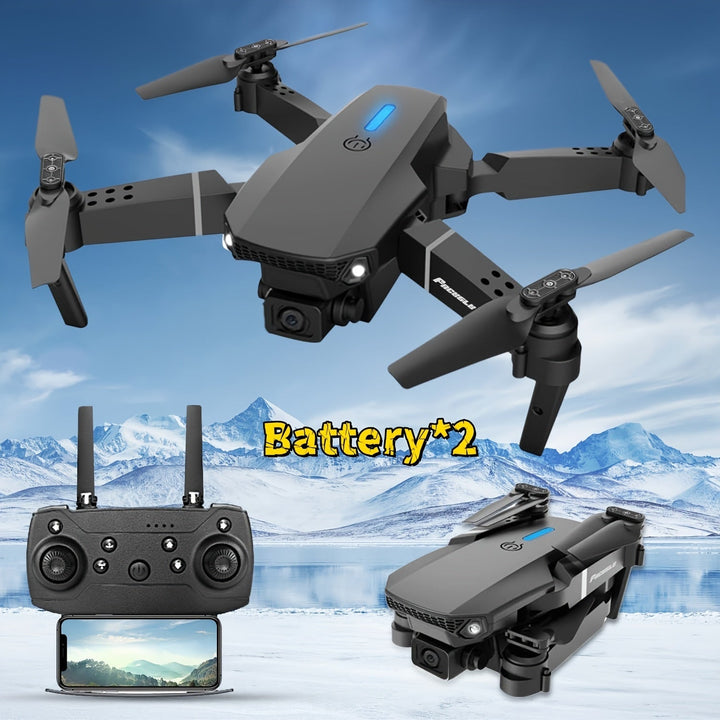 Drone E88 compact, quadcopter pliable avec double caméra pour photos et vidéos aériennes stables et nettes.