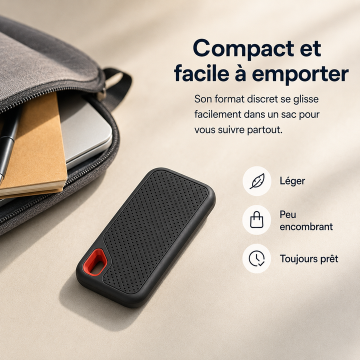 Disque dur externe SSD 2 To pour stockage de données portable. Connectivité USB-C rapide et fiable.
