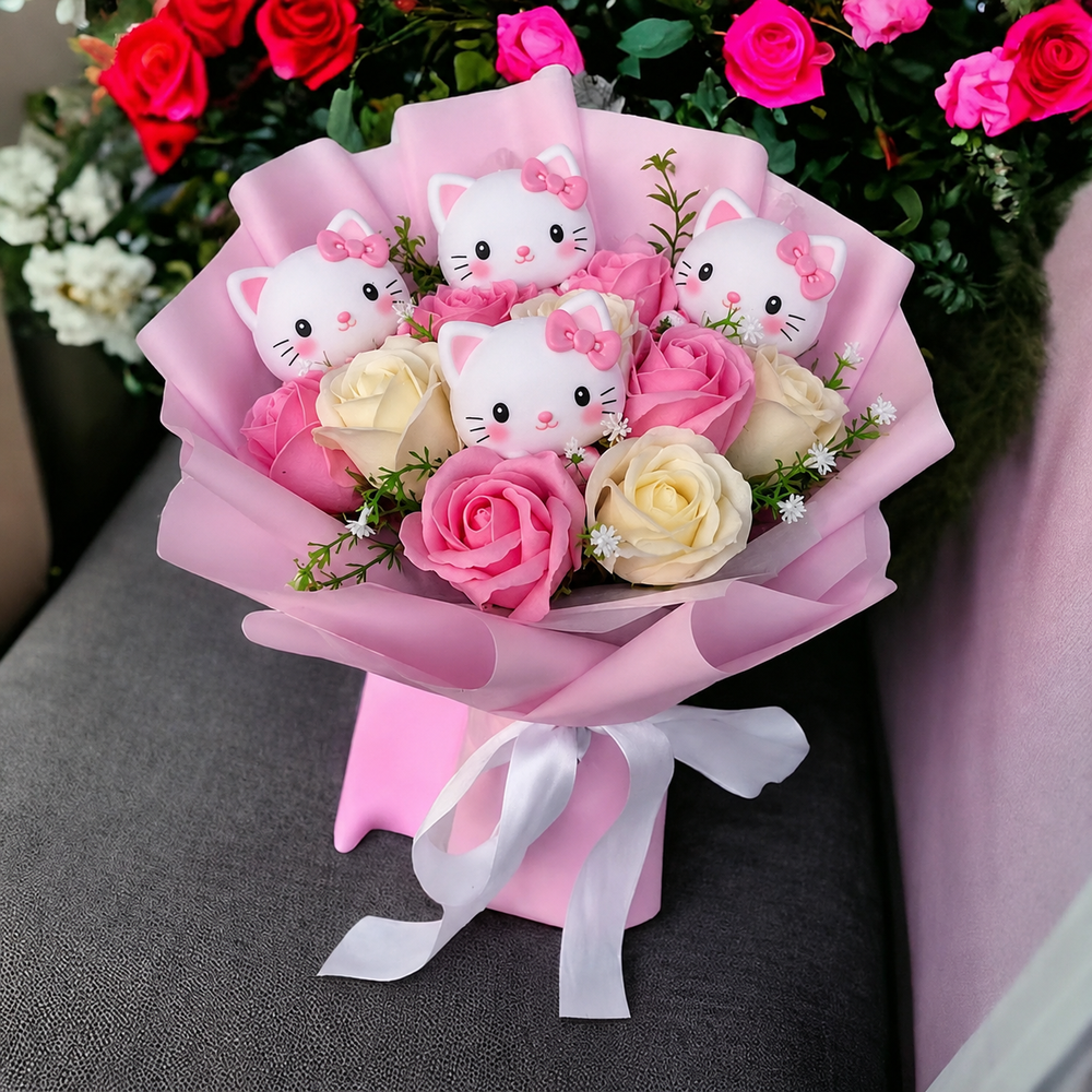 Gros plan sur figurines de chaton joyeuses dans un bouquet de fleurs synthétiques colorées. Cadeau unique.