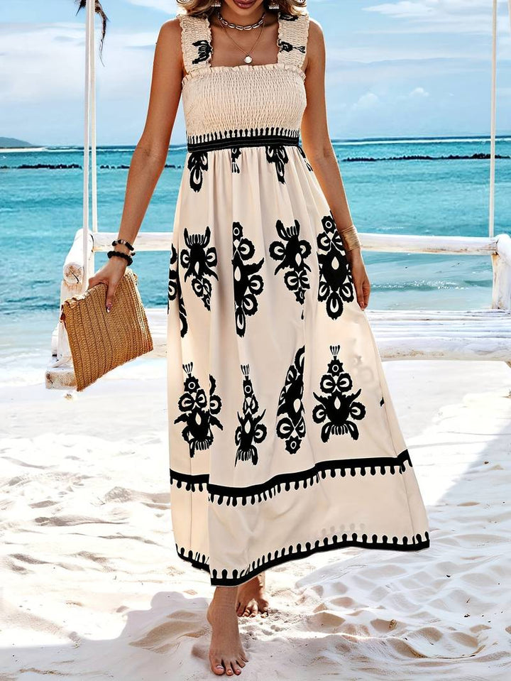 Robe longue bohème polyvalente pour femme, motifs 'Brise du Désert', look fluide décontracté ou élégant.