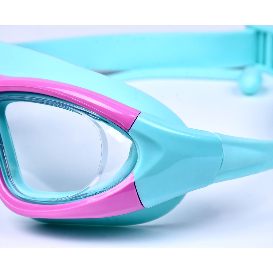Lunettes natation enfant : grand cadre, silicone doux, anti-buée UV, apprendre à nager.