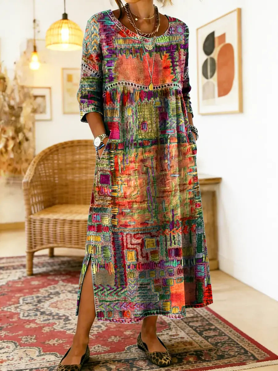Robe patchwork denim femme style ethnique, coupe fluide en coton. Polyvalente et confortable.