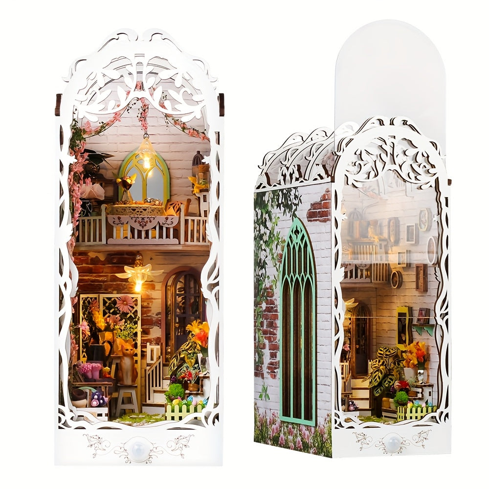 Maquette détaillée de maison fleurie en bois 3D, puzzle lumineux. Idéal pour collectionneurs et loisirs créatifs.