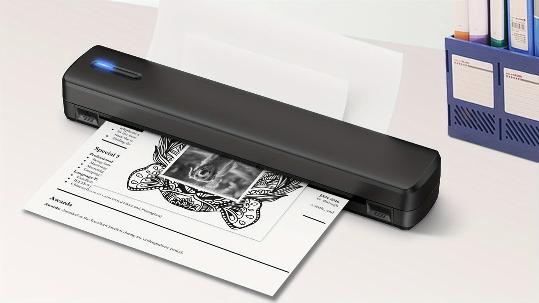 Imprimante thermique portable sans fil, compacte, pour voyage et bureau mobile.