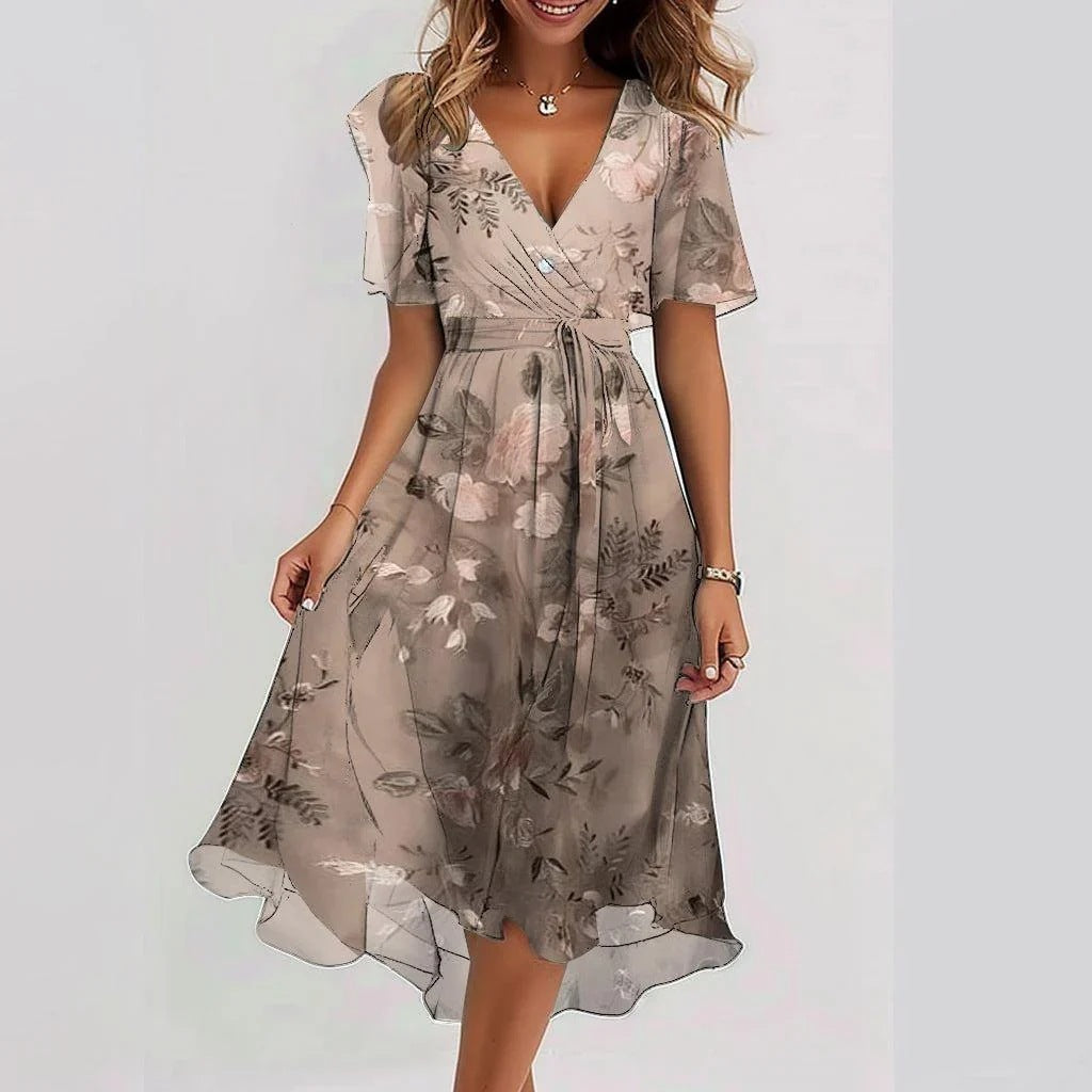 Vue de face : Robe midi femme fleurie avec col V profond. Look élégant pour l'été, motif floral délicat.