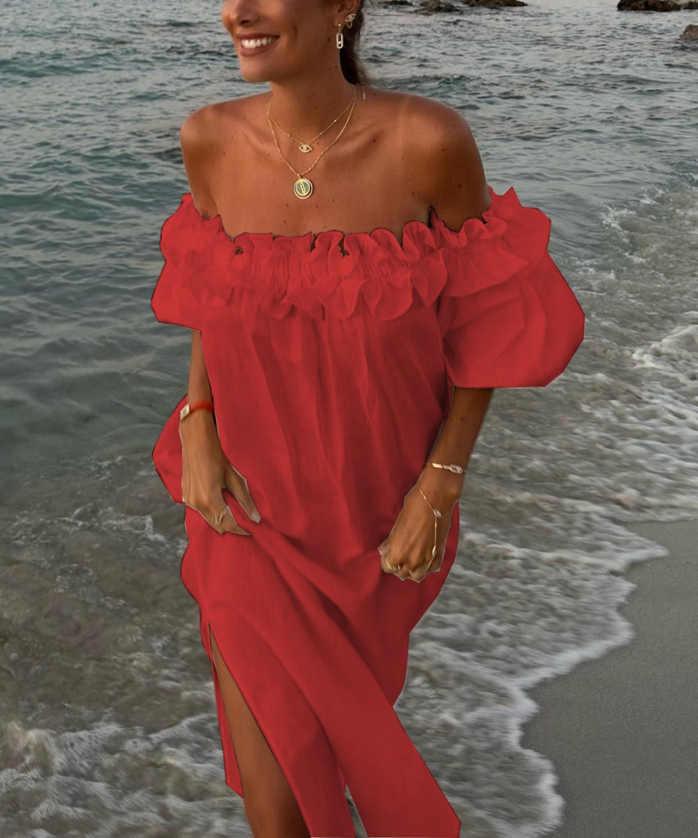 Robe maxi femme Valentina vue de dos, volants et épaules dénudées. Style bohème élégant pour vacances d'été.