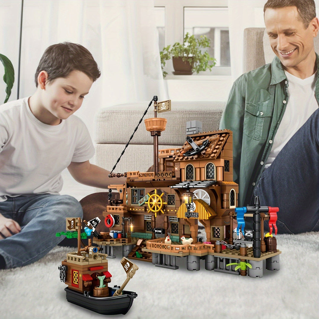 Kit de briques détaillé pour construire un navire pirate. Jouet éducatif favorisant le développement et la créativité des enfants.