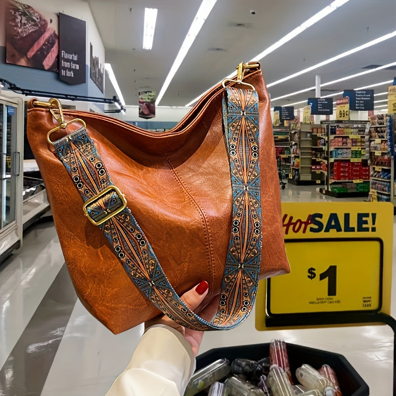 Sac femme avec motif géométrique rétro, bandoulière réglable, parfait pour tous les jours.