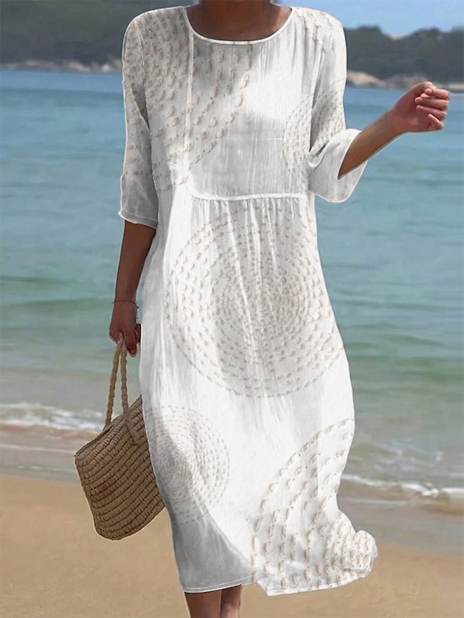 Robe midi femme fluide en coton lin texturé, manches 3/4. Parfaite pour un été décontracté et respirant.