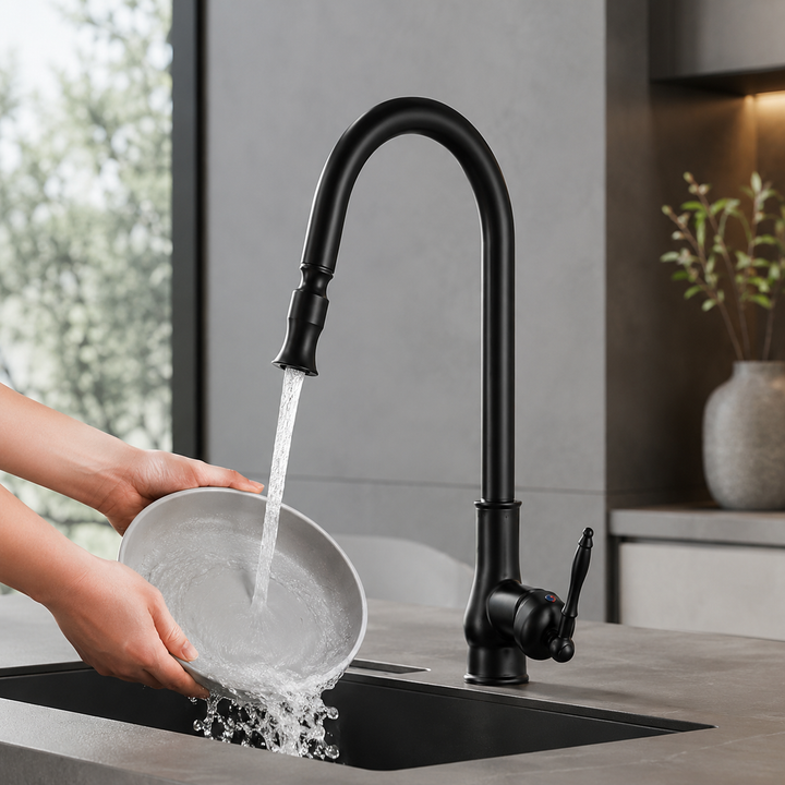 Mitigeur de cuisine rétractable pour un nettoyage facile de l'évier, design moderne bronze antique ou noir.
