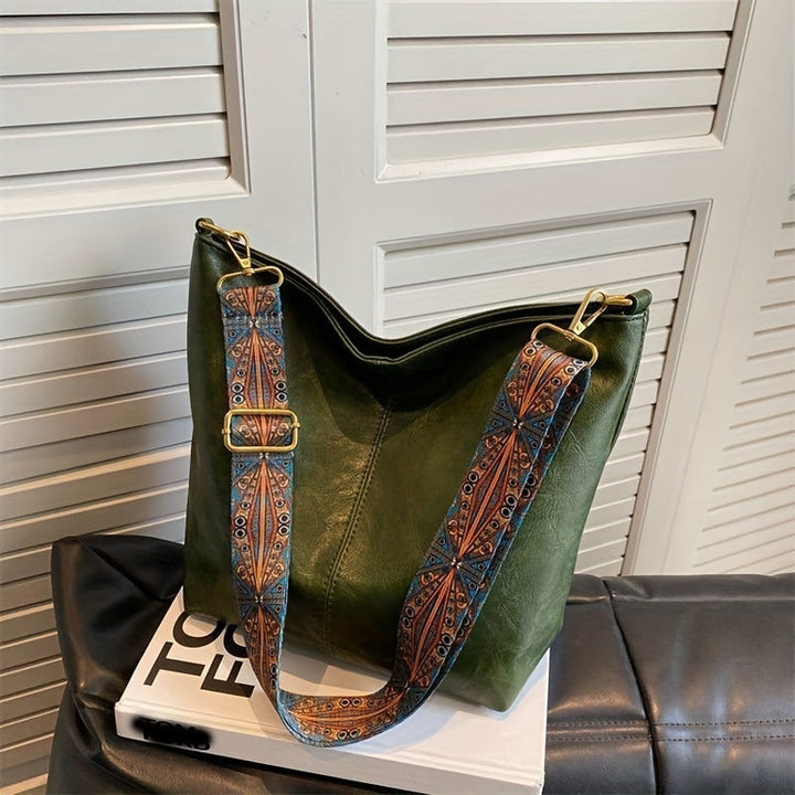 Sac rétro géométrique en similicuir pour femme, grand format, bandoulière pour un port facile.