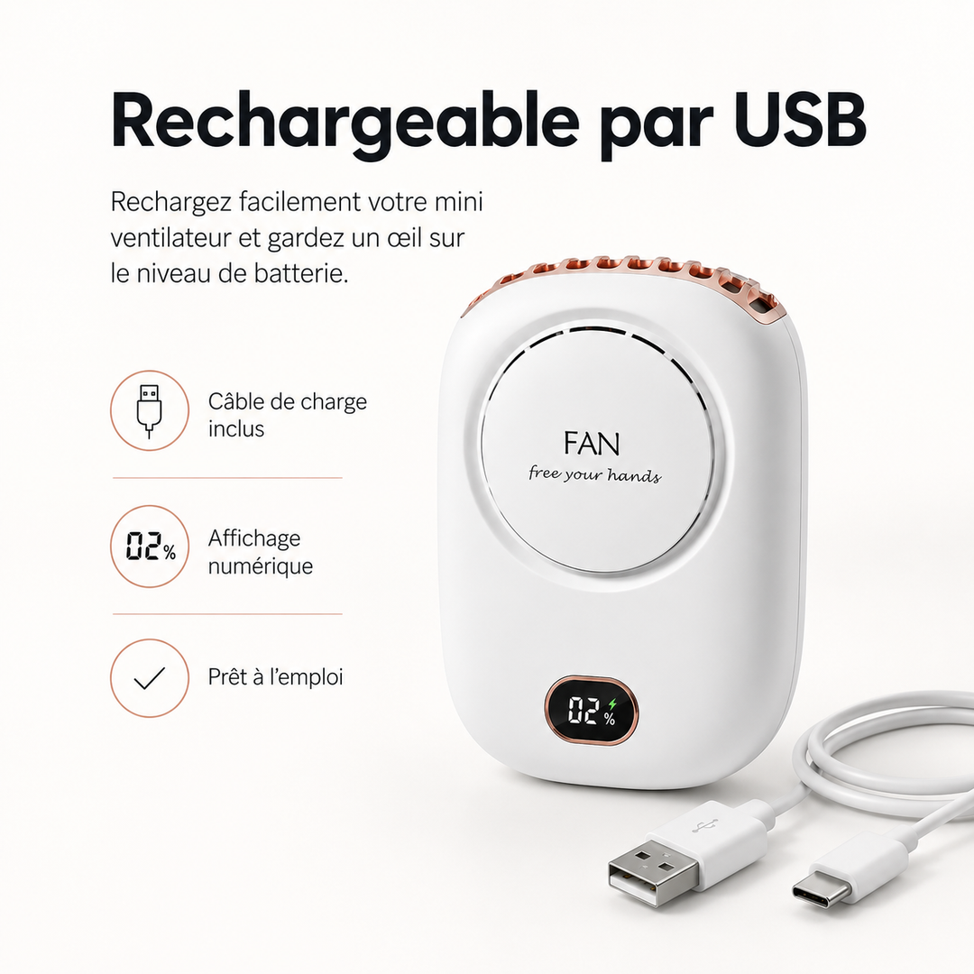 Ventilateur de cou USB rechargeable en cours de chargement, prêt à l'emploi pour une longue autonomie.