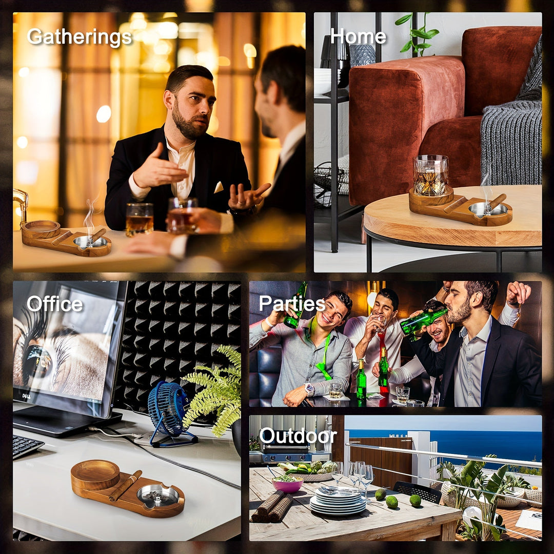 Plateau pour verre de whiskey et cendrier à cigares en bois et acier inoxydable. Luxe assuré.