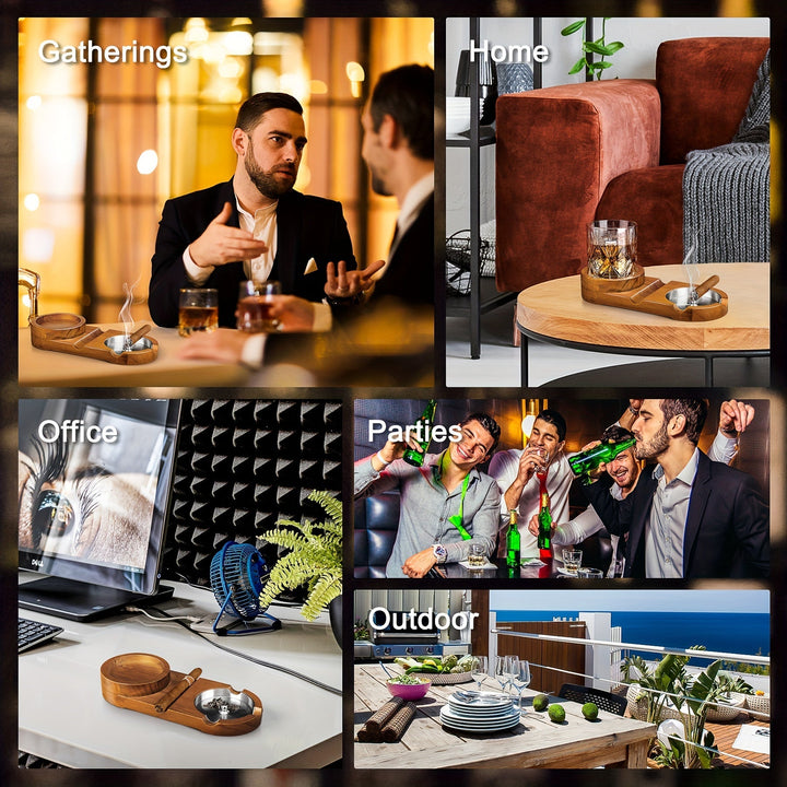 Plateau pour verre de whiskey et cendrier à cigares en bois et acier inoxydable. Luxe assuré.