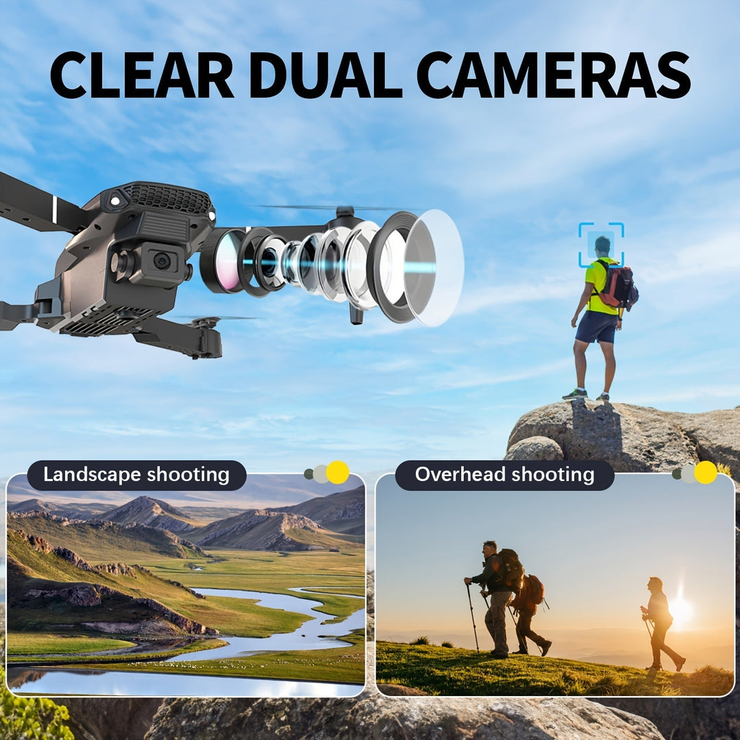 Gros plan sur la double caméra du drone E88 pliable, essentielle pour des images aériennes de haute qualité.
