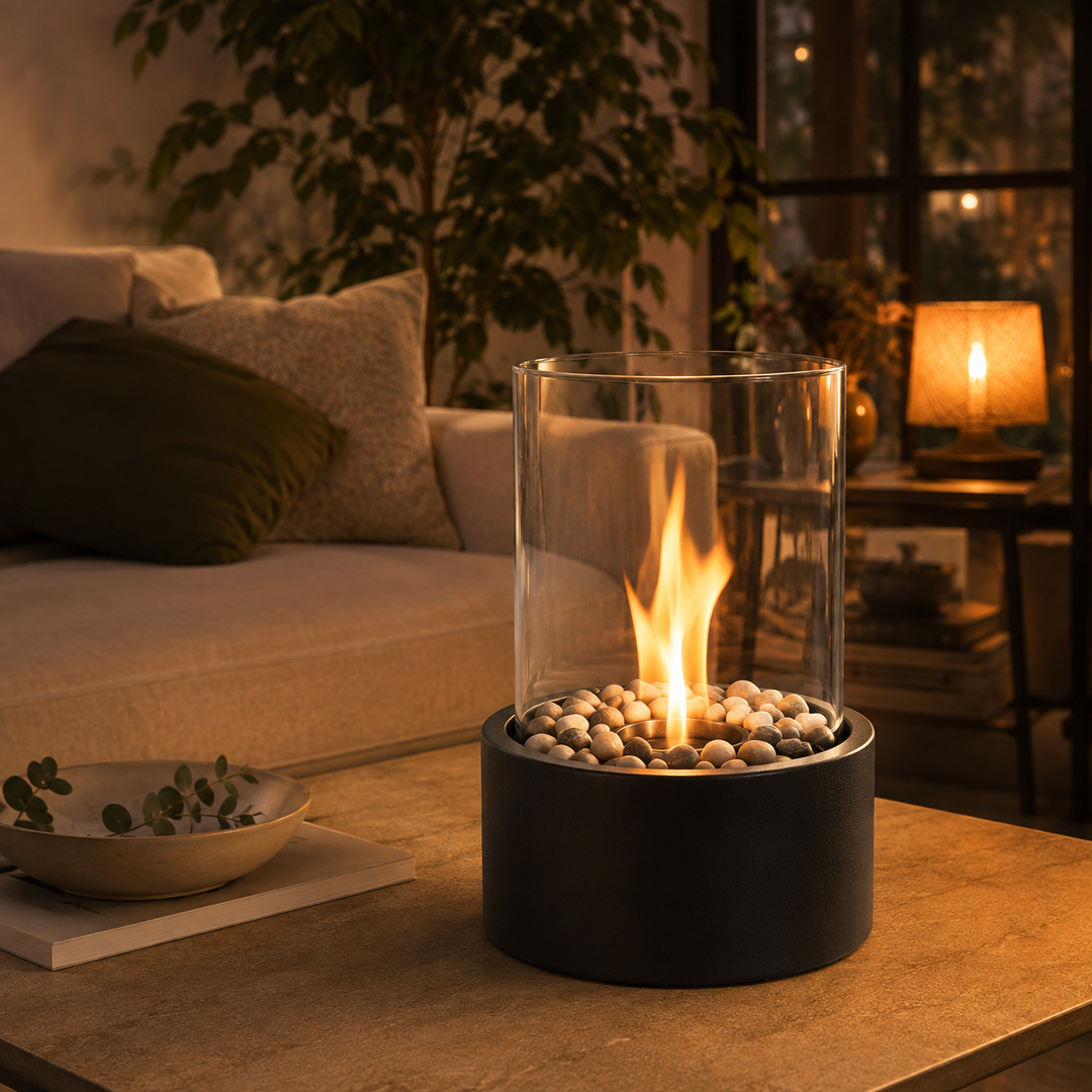 Lampe décorative et foyer d'appoint. Parfait pour une ambiance chaleureuse, intérieur ou extérieur.