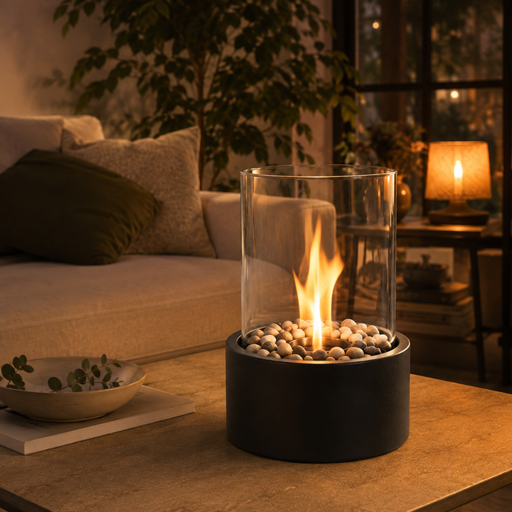 Lampe décorative et foyer d'appoint. Parfait pour une ambiance chaleureuse, intérieur ou extérieur.
