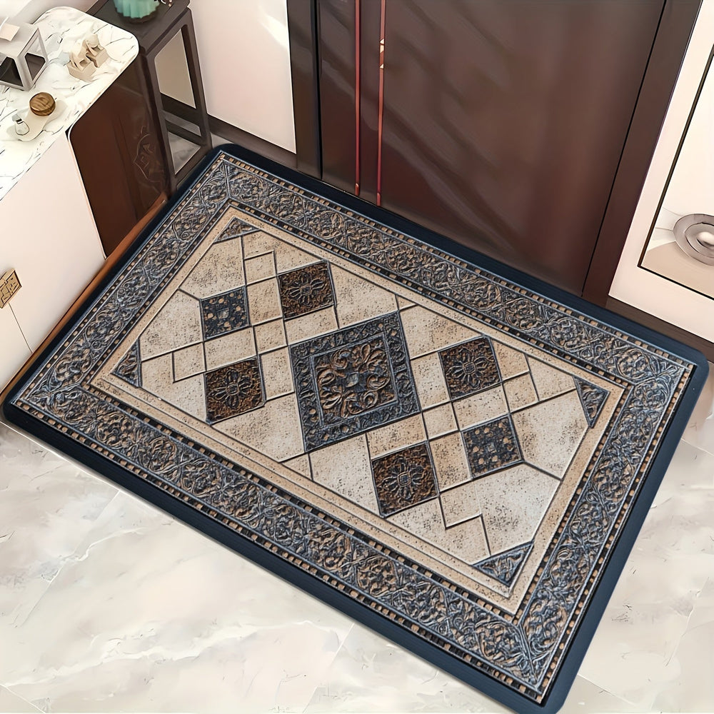 Tapis d'entrée en polyester antidérapant, motif géométrique, lavable en machine pour maison élégante.