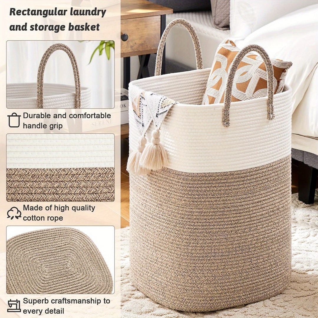 Panier à linge tressé en coton pour salle de bain, durable et esthétique. Idéal organisation.