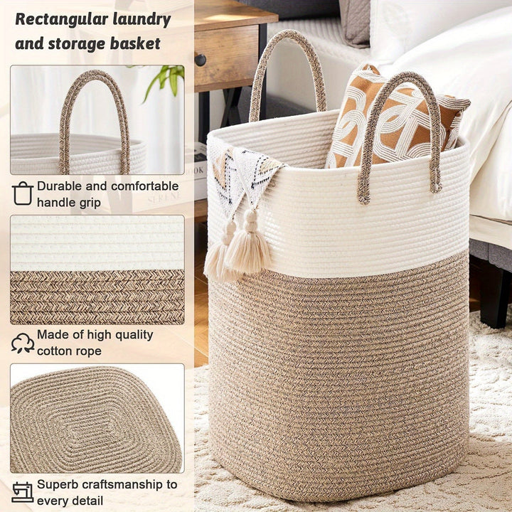 Panier à linge tressé en coton pour salle de bain, durable et esthétique. Idéal organisation.