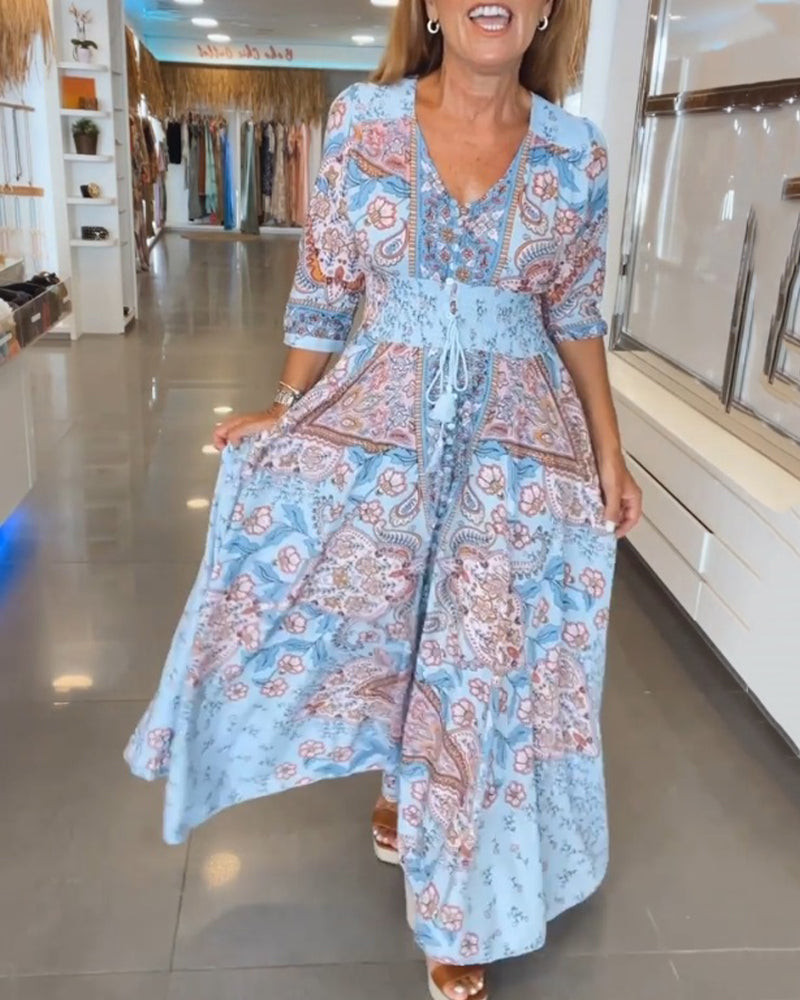 Robe maxi fluide femme, imprimé bohème chic, col V flatteur. Parfaite pour l'été.