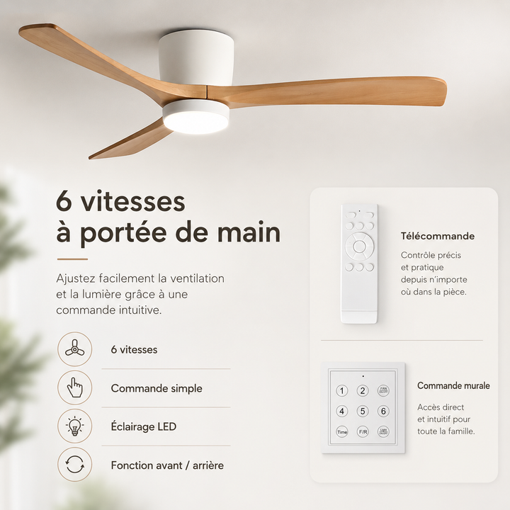 Maison moderne : ventilateur de plafond LED réversible, bois naturel, ambiance scandinave.